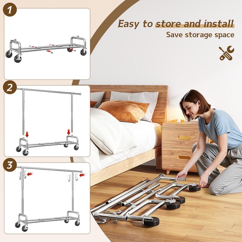 BePatio Clothing Rack for Drying,  Extendable & Height Adjustable Coat Clothing Rack with 4 Hooks for  Bedroom,Laundry,Outdoor,Clothing Store, Clothes Racks for Closet Holds Up to 220LBS,Portable Rolling Garment Rack with Lockable Wheels