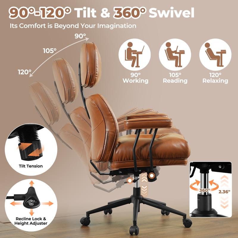 【Jumpstart Sale】Ovios Oversized Home Office Chair, Extra-Wide Seat, Built for Big & Tall Comfort, Mid-Century Modern Faux Leather Chairs with Thickened Cushions, Comfy High Back Swivel Rolling Executive Computer Armchair