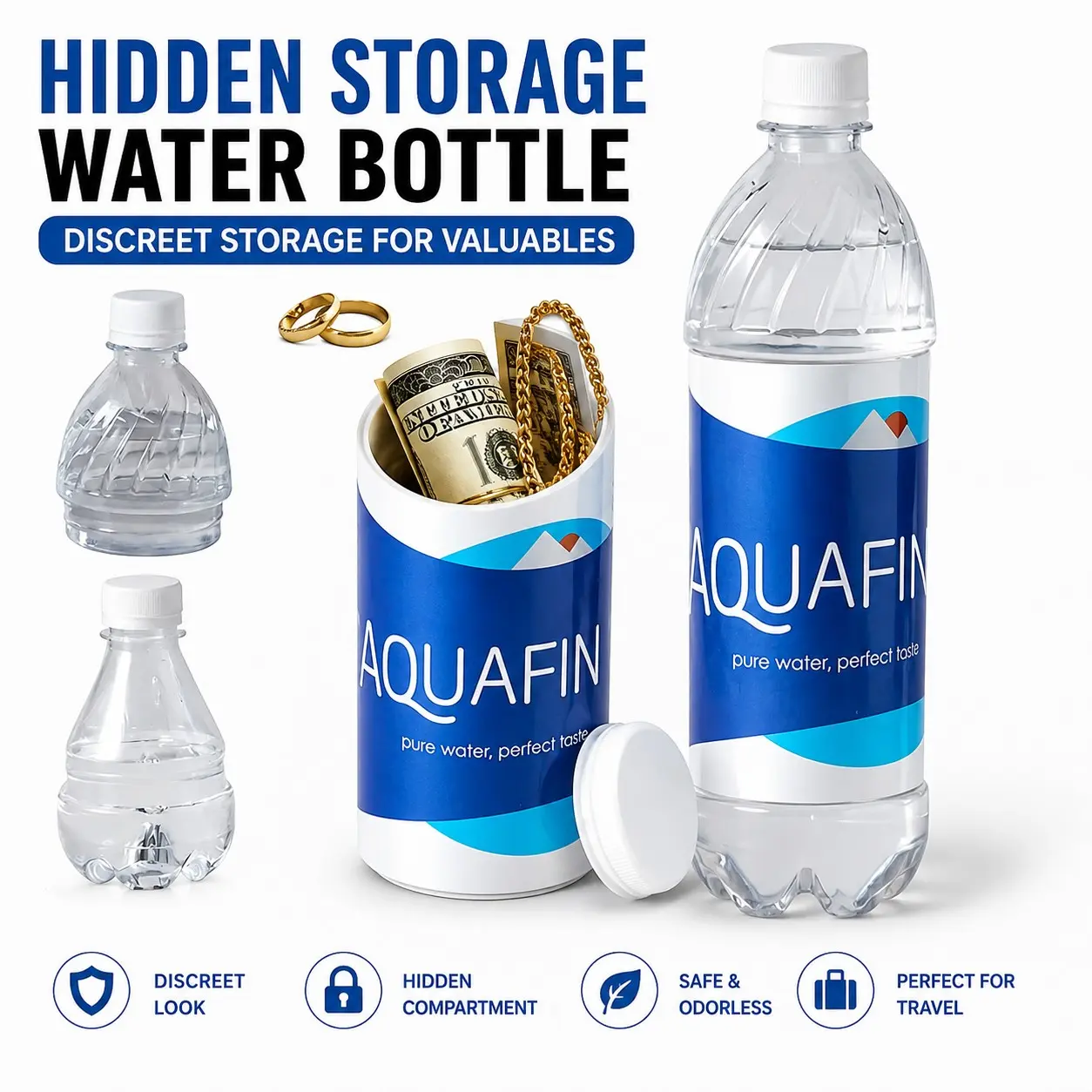 Simulated mineral water bottle hidden storage box, portable travel security storage container, secret safe box for cash, keys, and valuables, Money Safe Box, Cash Box with Lock, Portable Safe Use, Hidden Safebox
