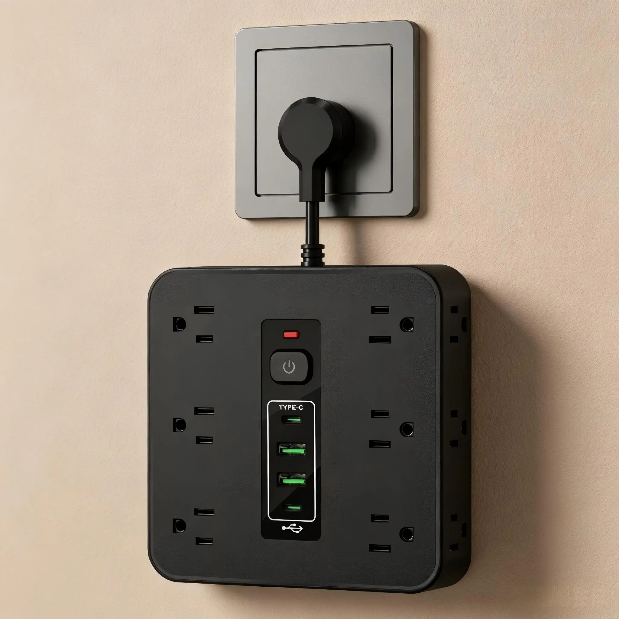 16-in-1 Square Shape Surge Protector Power Strip Plug-In Charging Station - 12 AC Plug Outlets, 2 USB Ports, 2 Type-C Ports, Independent Power Switches for Home, Office Indoor Use