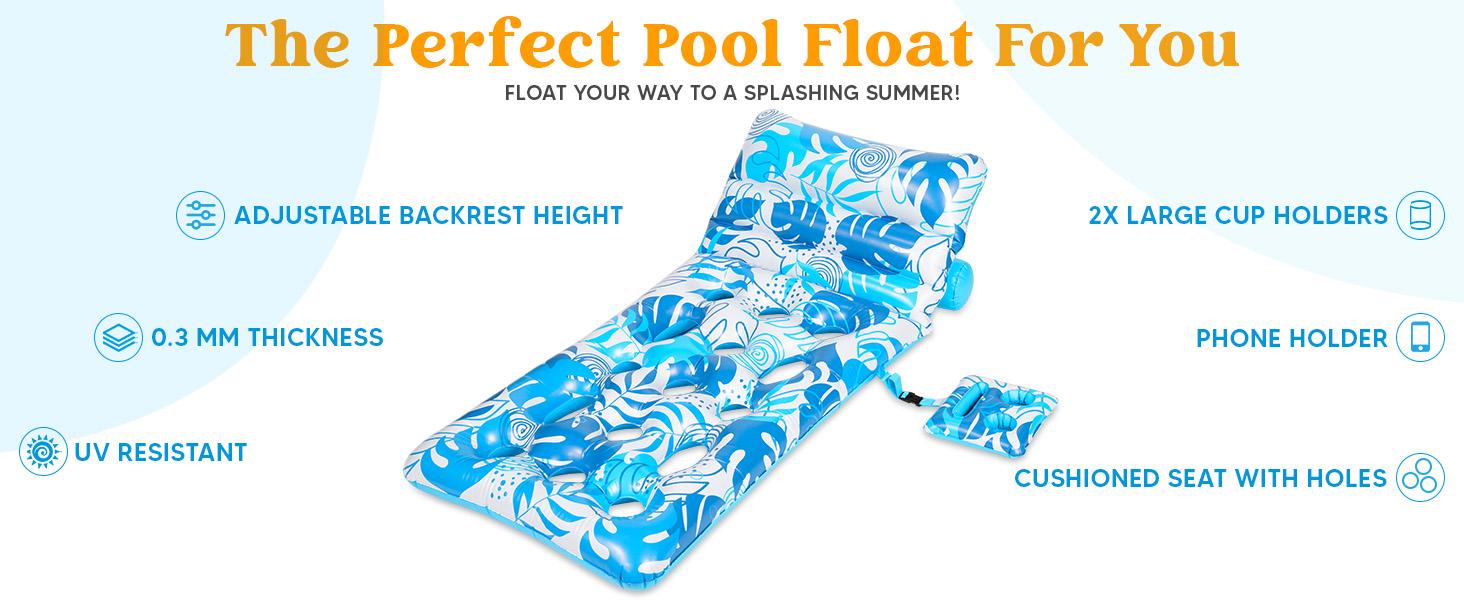 SLOOSH Adjustable Backrest Pool Floats - Tropical Leaves Pool Lounger Floaties Adults with Cup Holders, Inflatable Tanning Float Rafts Chair Beach Lake Lounge Floating Above Water Keep Cool Father's Day Gifts / Electric Air Pump TikTokShopSummerTurnup