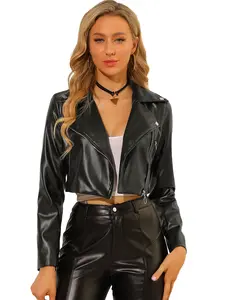 INSPIRE CHIC Faux Leather Long Sleeve Zipper Up Moto Cropped Jacket