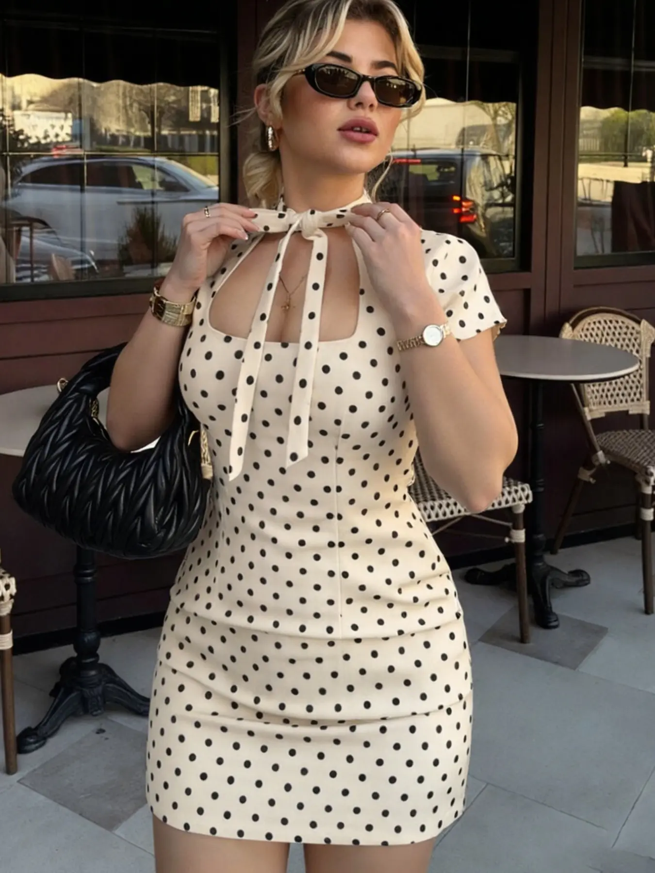 Polka Dot Fitted Lace Up Cut Out Bodycon Mini Dress for Women, Spring Summer Short Sleeve Round Neck Elegant Sexy Resort Party Festive Dress