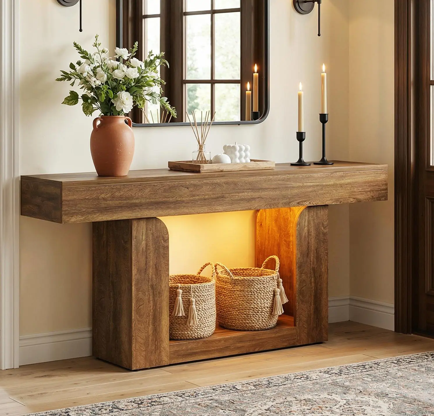 Homieasy 63'' Console Table, Entryway Table with LED Lights & Charging Station, Farmhouse Wooden Sofa Table for Living Room, Couch Table, Entrance Table, Living Room Furniture