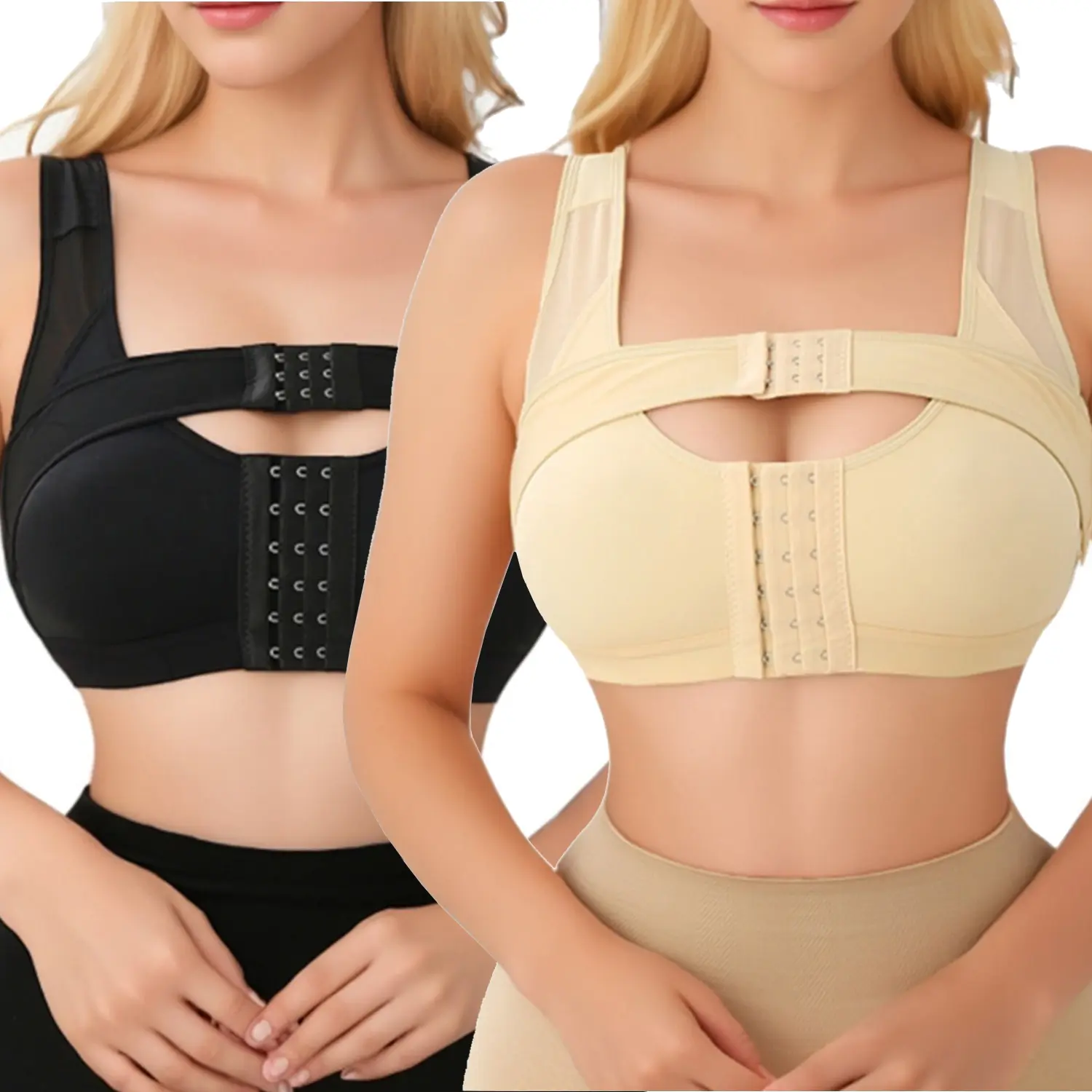 Women's Shapewear Compression Bra, Front Closure Post-Surgery Garment with Posture Corrector Back Support, Wirefree Nylon Spandex Design, Fabric, Adjustable, Comfortable, Smooth, Soft