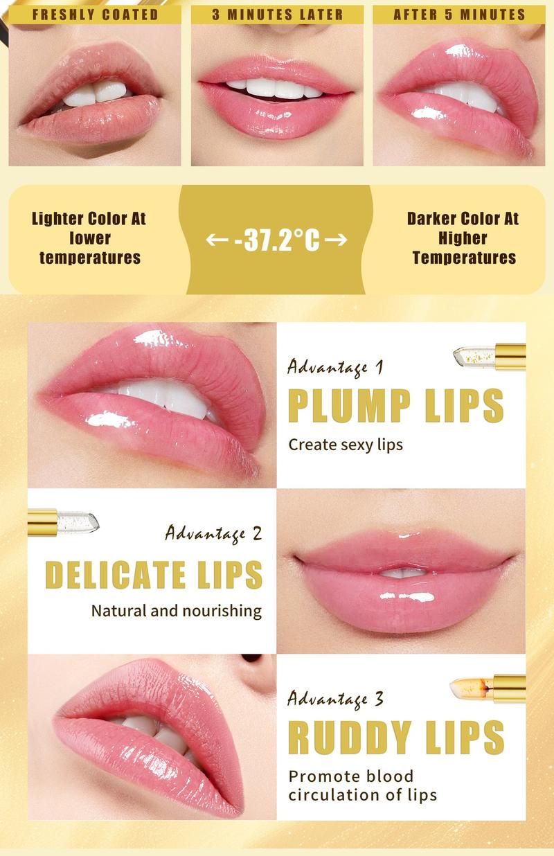 3PC Moisturizing Color-Changing Lipstick Balm – pH Temperature Reactive Tint, Gold Crystal Glow Finish, Smooth Hydration for Soft Shiny Everyday Lips.