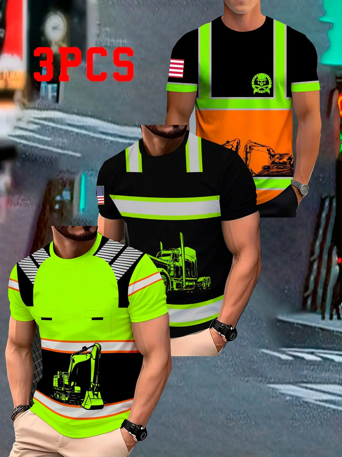 Men's 3-Pack Reflective Safety Workwear T-Shirts, Short-Sleeve Crew Neck, Quick-Dry Breathable Construction Shirts, Mixed Colors, Safety Gear, Great Gift for Workers