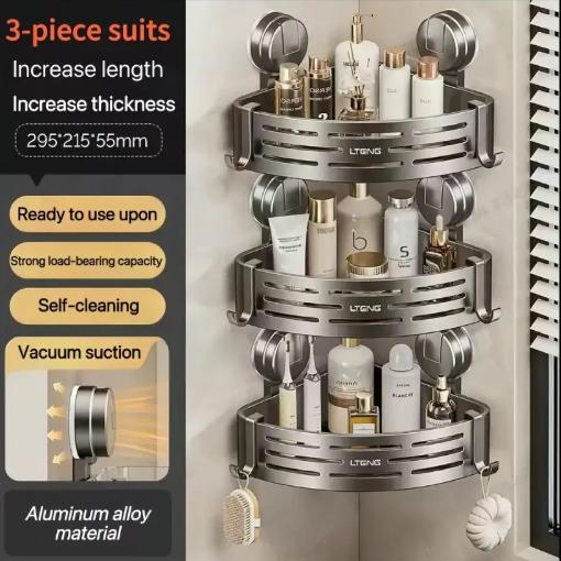 Upgrade Version Gun Gray ABS Triangle Suction Cup ShowerCaddy 3-Tier Corner Shelves NoDrilling 50lbs LoadCapacity 6 Hooks for Bathroom Storage