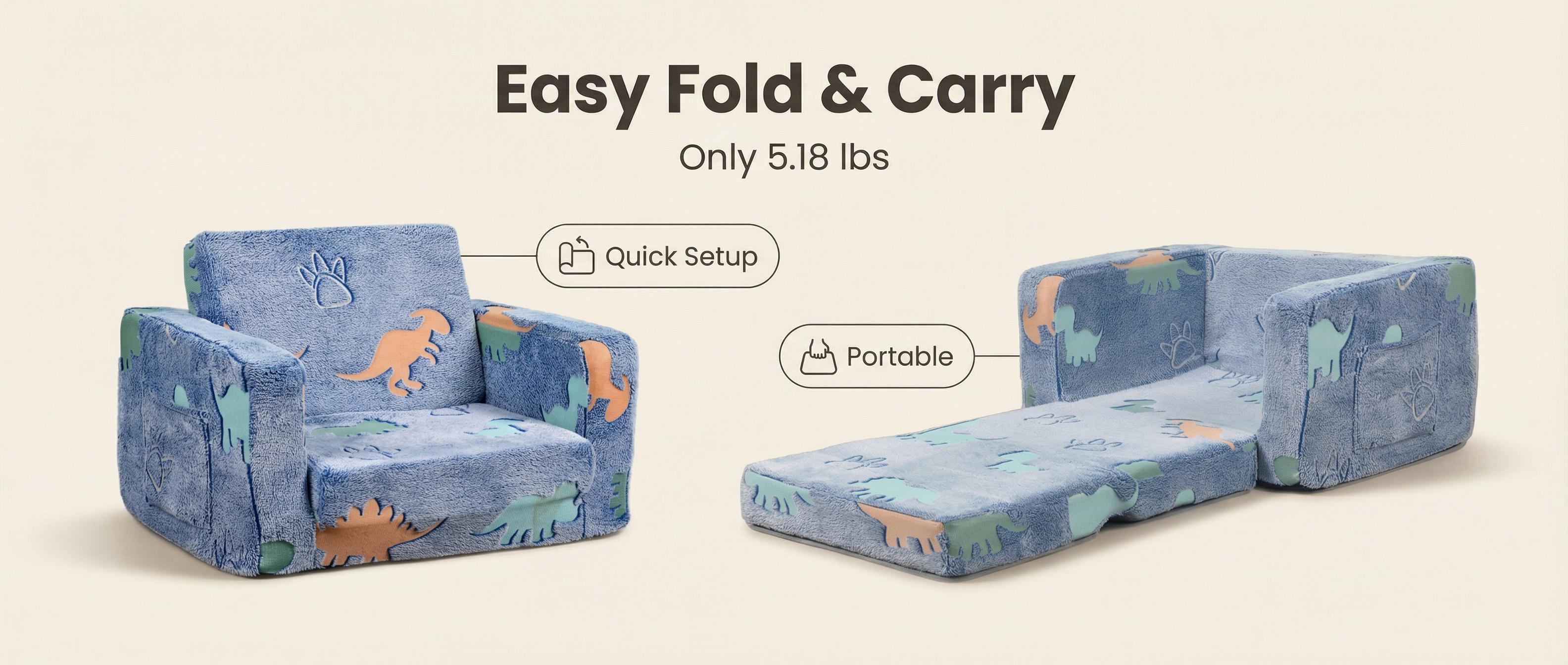 Children's sofa folding chair, blue dinosaur pattern, easy to assemble and clean, suitable for living room, bedroom, children's room, courtyard, turning sofa into bed, suitable for girls and boys' Christmas and birthday gifts, [Restore shape after vacuum