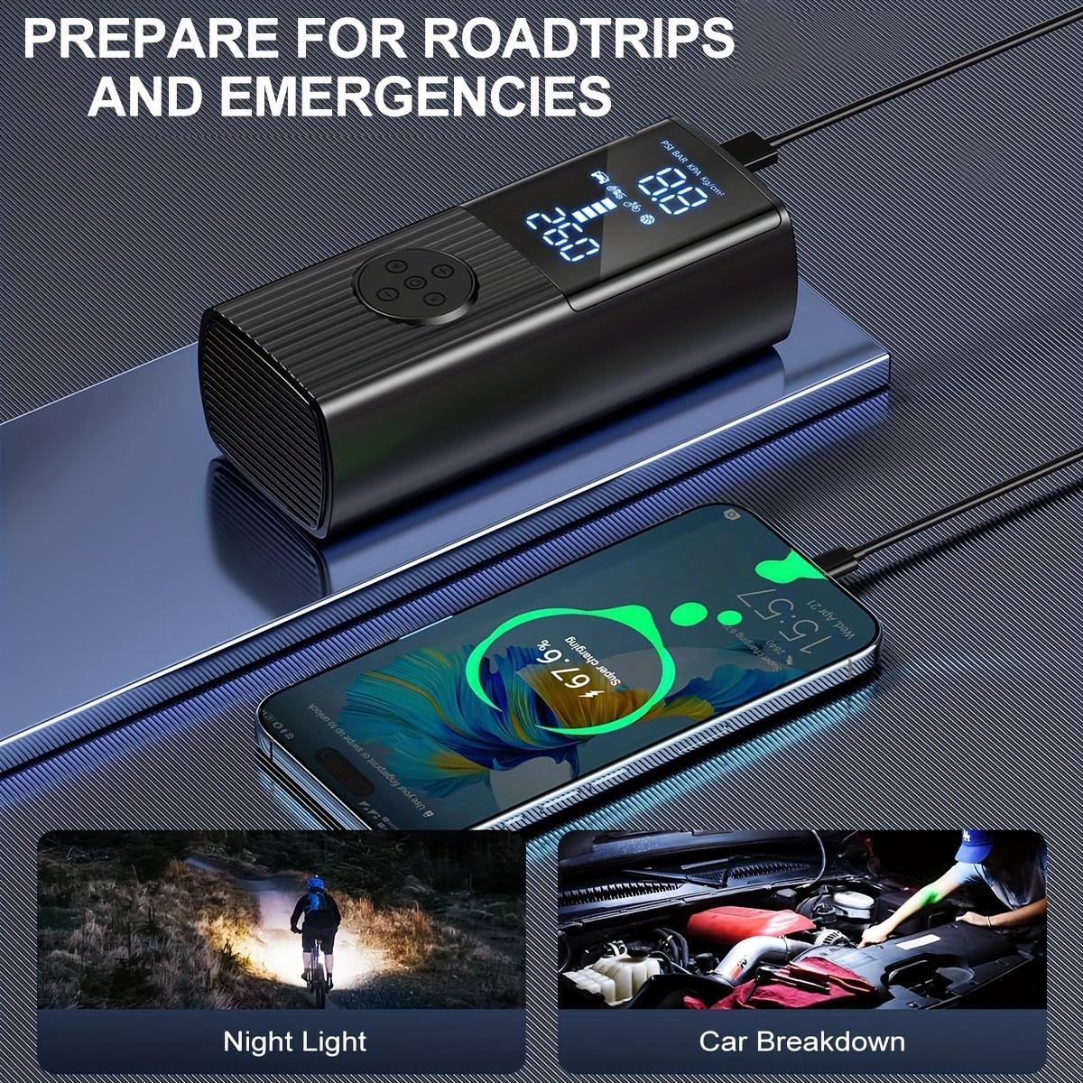 Wireless portable tire inflator pump, digital tire pressure gauge, automatic shut-off, car emergency air compressor, compatible with vehicles, bicycles, sports balls, multiple nozzle accessories + USB charging function