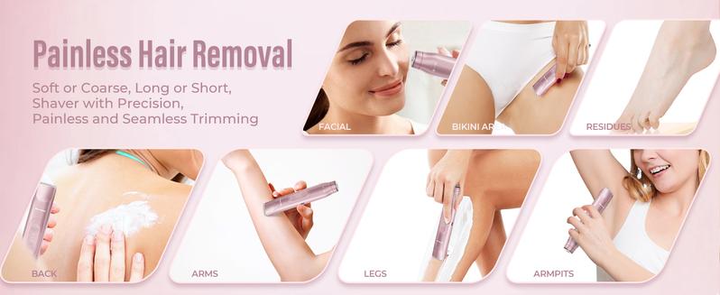 Akunbem Bikini Trimmer for Women, Electric Shaver and Razor Rechargeable 2-in-1 Body and Facial Epilator, Dual Heads for Painless Trimming of Pubic Hair, Face, Underarms and Legs, IPX7 Waterproof. Christmas Gift New Year Gift Shaving Grooming