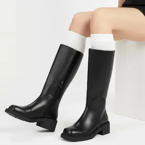 CELNEPHO Womens Knee High Boots Fashion Square Toe Vintage Campus Boot Chunky Block Heel Side Zipper Closure Easy Pull on Long Riding Boots Comfortable Riding Combat Boots for Party Work Travel Spring Dress Shoes