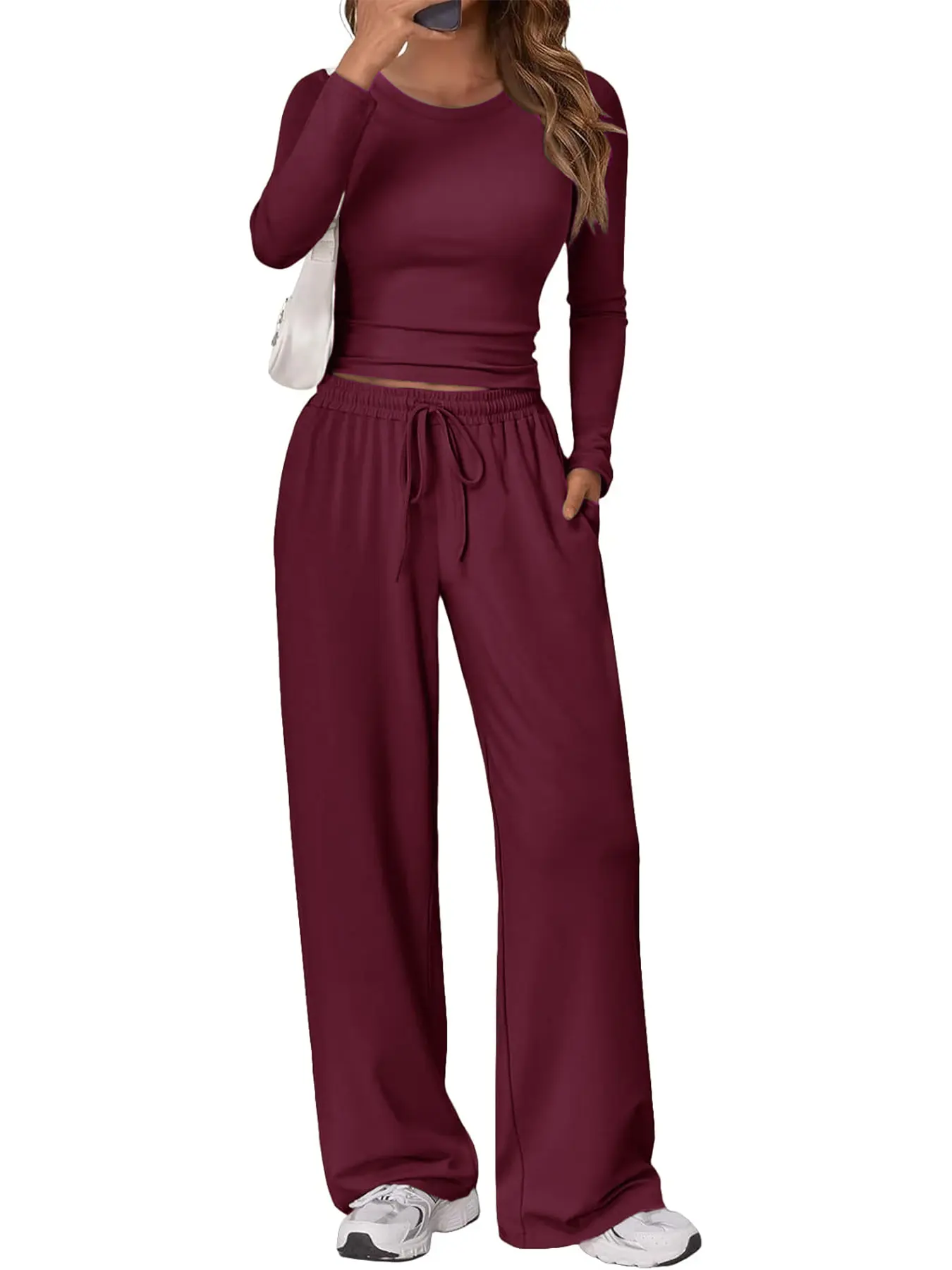 New Women's 2-Piece Round Neck Casual Sportswear Set, Drawstring Sweatpants, Fall Winter Solid Color Long Sleeve Home Wear Outfit, Simple Fashion Design with Pocket, Sweat Suit
