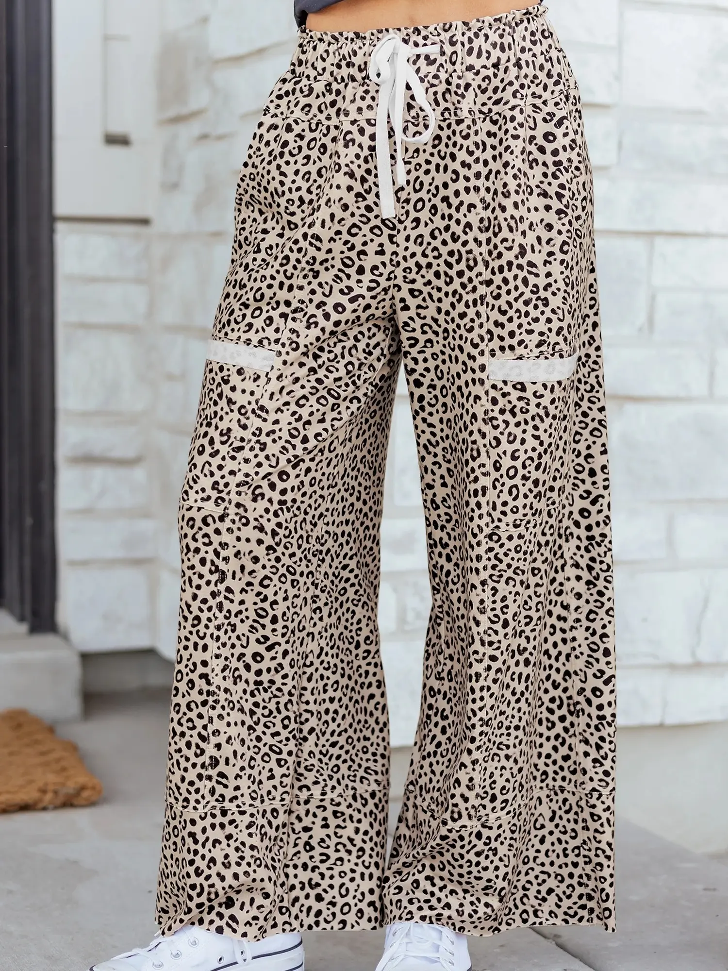 Women's Leopard Print Terry Knit High Waist Wide Leg Casual Wear Lounge Pants - Stretch Polyester Mix Fabric, Drawstring, Pockets, Elegant, All Seasons, Machine Washable Womenswear Bottoms