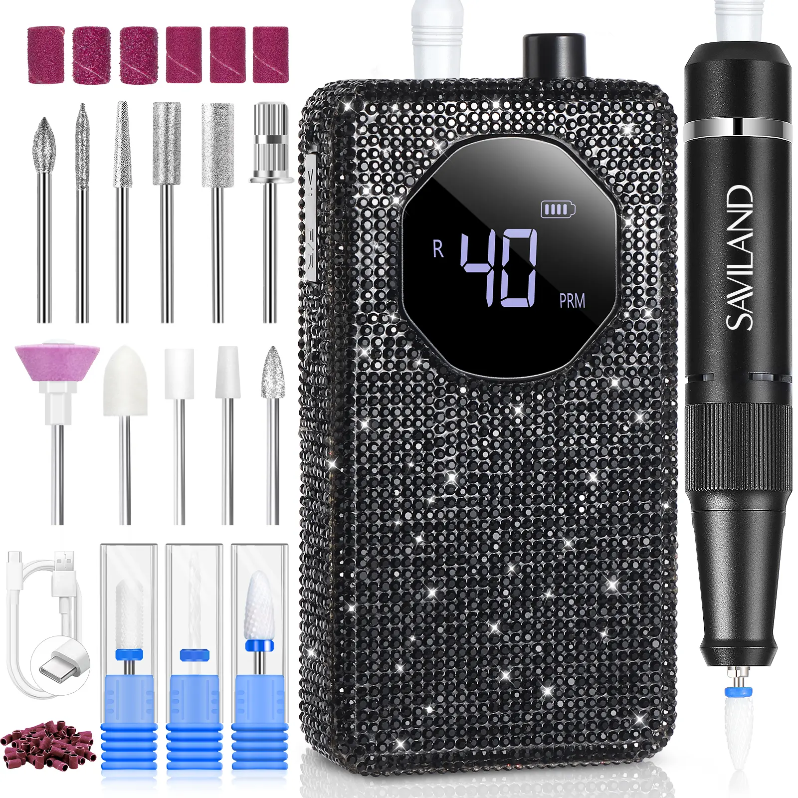 SAVILAND 40000RPM Professional Nail Drill: Portable Electric Nail File Machine with Ceramic Nail Drill Bit & Sanding Bands for Fast Acrylic Removal Manicure Salon & Home Use, Black Diamond summervibes