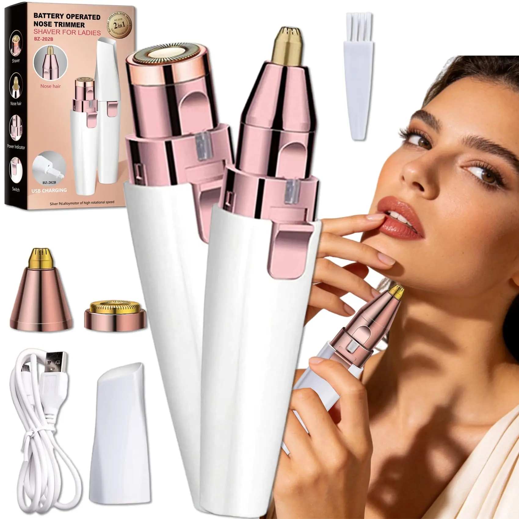 2 in 1 Eyebrow Trimmer & Painless Hair Remover, USB Rechargeable Precision Shaver for Women with LED Light for Face, Lips, Body, Eyebrow Shaver, Painless Precision Shaver