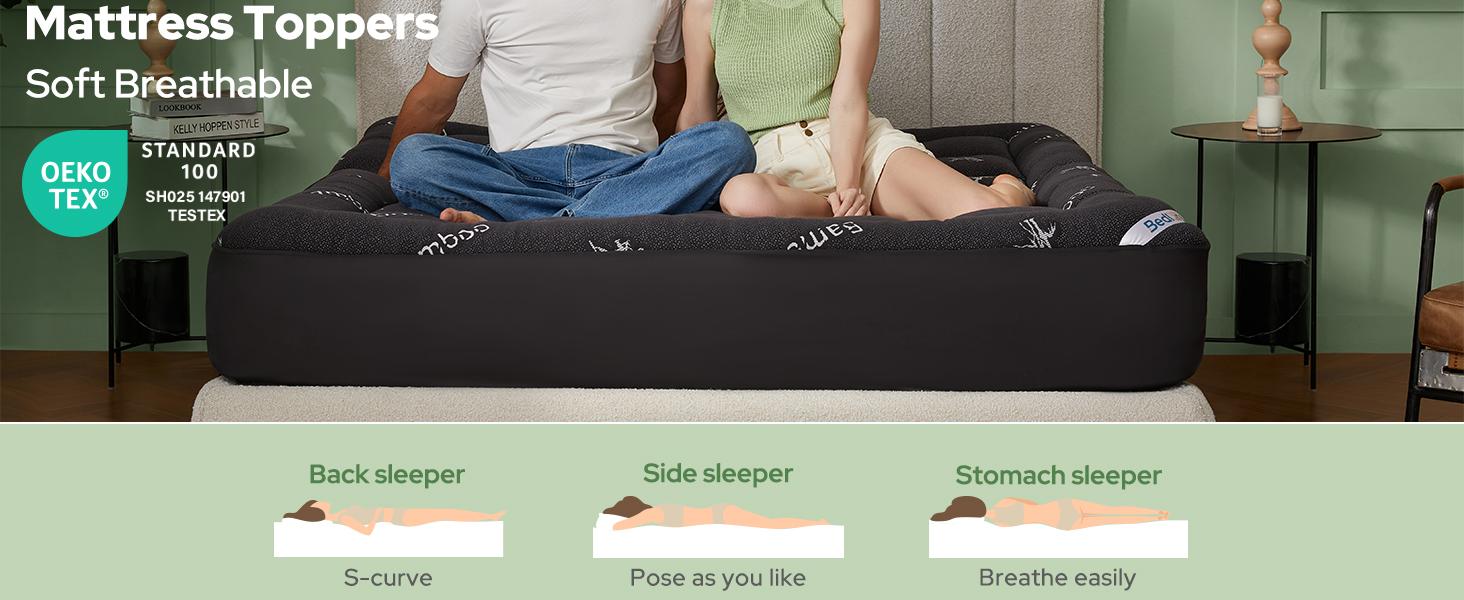 【BEDLORE】Bamboo Pattern Mattress Topper, Thicken Pillow Top Pad for Comfy Mattresses, Cooling Mattress Cover with 6-18" Deep Pocket, Pressure Relief Bedding Protector for Home & Hotel