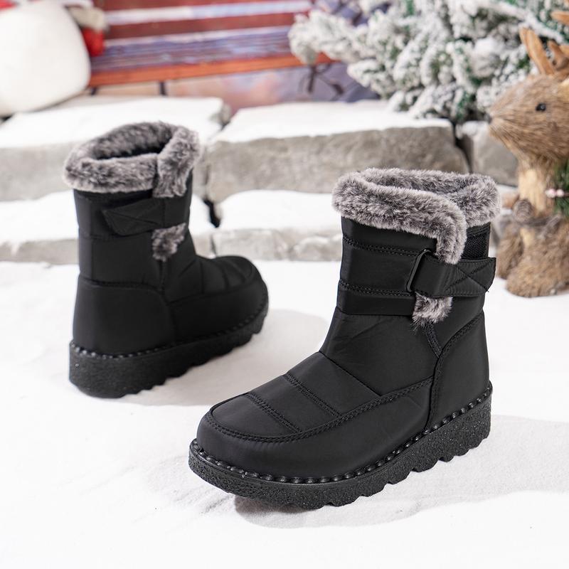 Winter Snow Boots for Women Fur Lined Warm Waterproof Slip On Booties with Breathable Fur Lining Slip Resistant Sole Black Oxford Cloth Upper Velcro Closure Outdoor Booties for Camping Walking