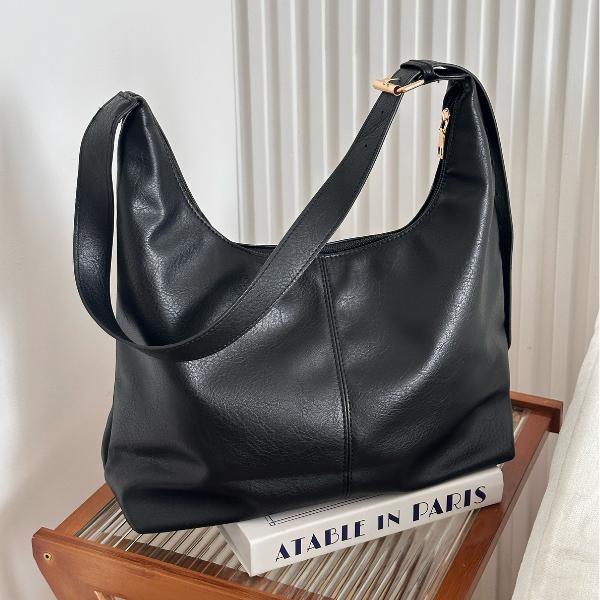 Women's Minimalist Solid Vegan Leather Shoulder Purse - Foldable Work Bag with Cosmetic Bag, Metal Hardware, Crossbody or Carry Option, Accessories for Women, All-Match Handbag for Daily Commuting
