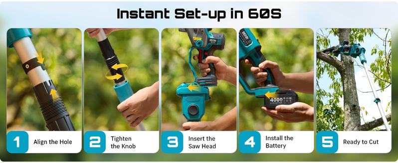 SEESII 10-Inch 2-in-1 Cordless Pole Saw & Mini Chainsaw, 900W Brushless Motor & 2 x 4.0Ah 21V Batteries, 16Ft Max Reach & 14 Piece Kit for Tree Trimming CHT11