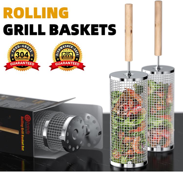 ivtivfu Rolling Grill Baskets 2PCS with Removable Wooden Handles Nesting Design 304 Stainless Steel BBQ Accessories for Vegetables Shrimp Outdoor Camping Kitchen Birthday Gifts for Men Dad Husband - Food ivtivfu Rolling Grill Baskets 2PCS with Removable Wooden Handles Nesting Design 304 Stainless Steel BBQ Accessories for Vegetables Shrimp Outdoor Camping Kitchen Birthday Gifts for Men Dad Husband - Food