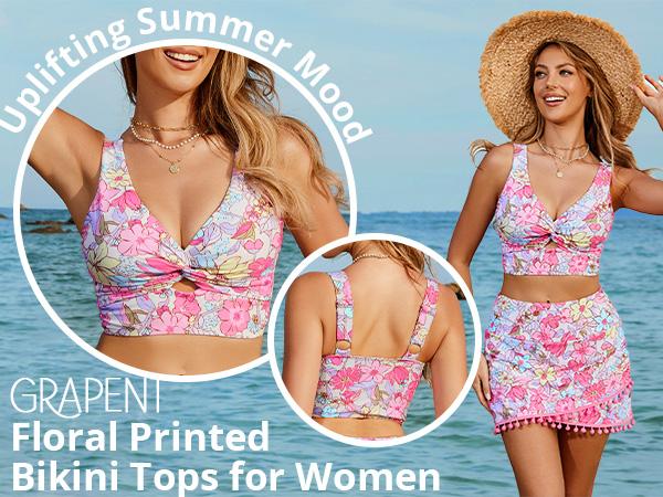 GRAPENT Floral Printed Bikini Tops for Women Cropped Tankini Padded Knot Twist Cut Out Beach Swim Top Only Summer Swimsuits