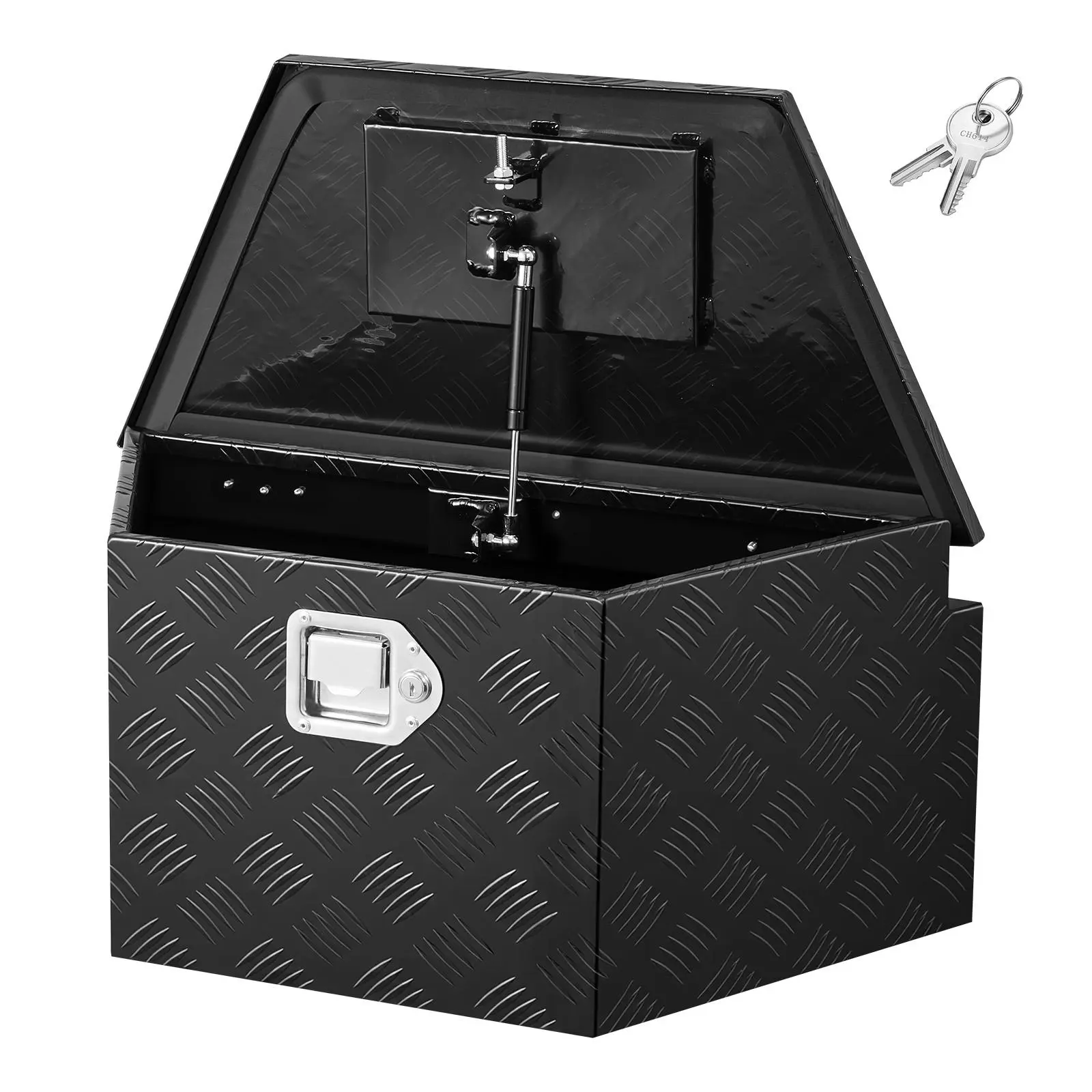 VEVOR Rectangular Portable Aluminum Alloy Trailer Tongue Tool Box (26x13x12 inches), Heavy Duty Lockable Storage Organizer, Rust Resistant, Water Repellent Truck Accessory with Gas Struts for Easy Access, Black Outdoor Gear Father's Day Gift