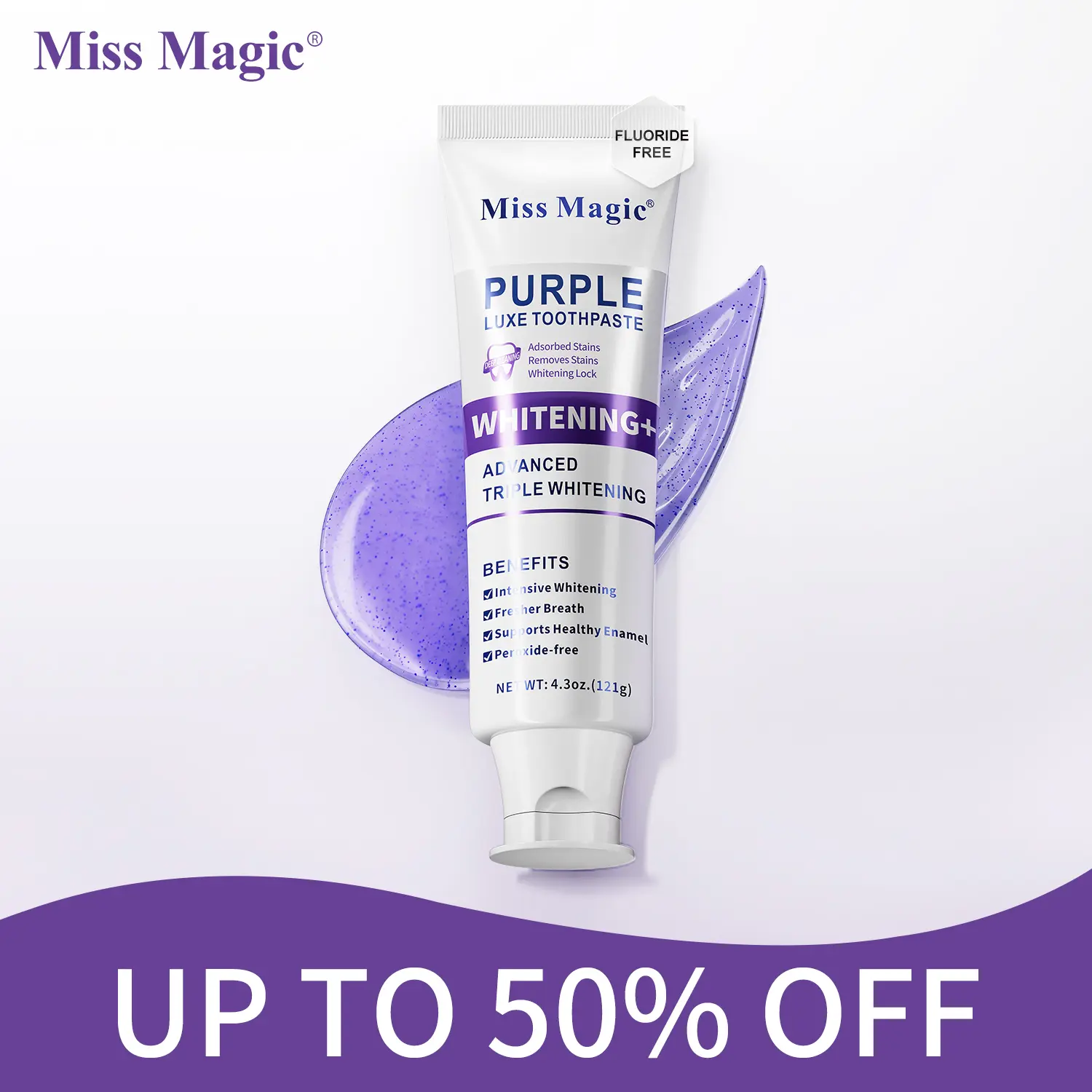 【live】MissMagic Purple Toothpaste –Fluoride Free, Color-Correcting Whitening, Stain Removal, Long-Lasting Fresh Breath, Brightens Yellow Teeth, Supports Oral Health| Brightens Yellow Teeth