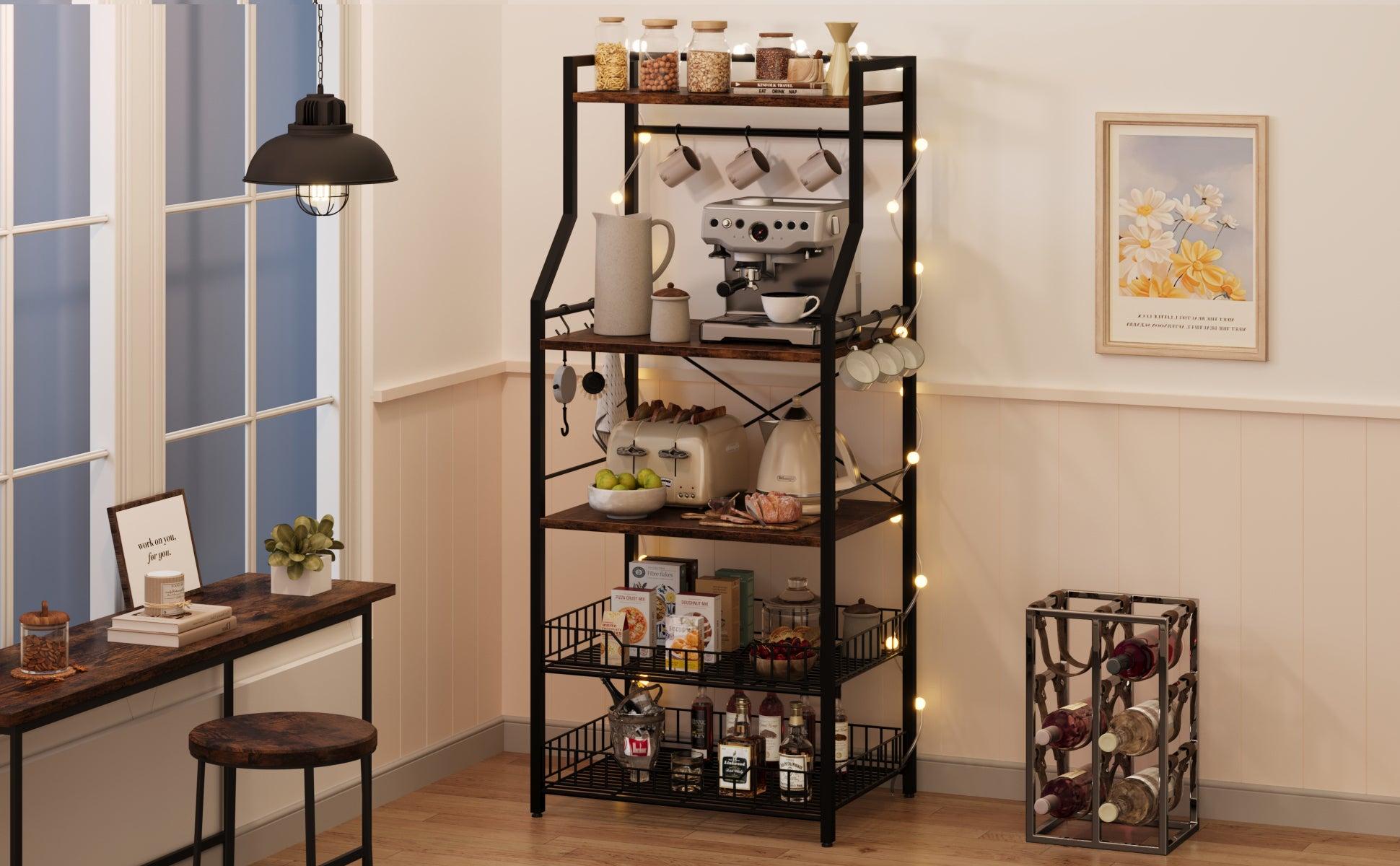 GARVEE Kitchen Bakers Rack with Microwave Stand - 5-Tier Storage, Adjustable Feet, Anti-Tip Kit, and 8 Hooks, Perfect for Organizing Coffee Bars and Kitchens with Rustic Wire Baskets.