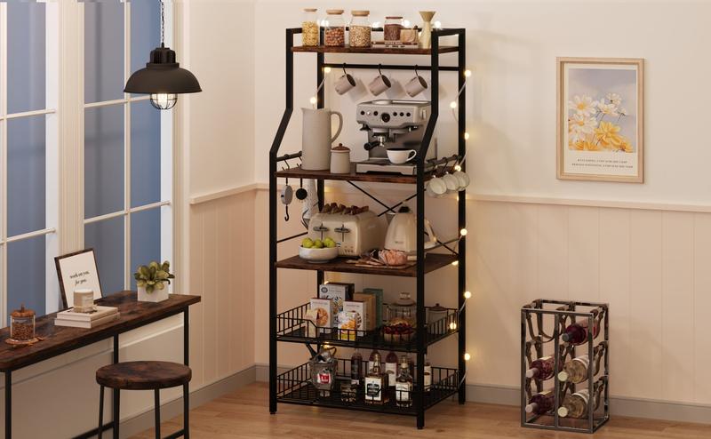 GARVEE Kitchen Bakers Rack with Microwave Stand - 5-Tier Storage, Adjustable Feet, Anti-Tip Kit, and 8 Hooks, Perfect for Organizing Coffee Bars and Kitchens with Rustic Wire Baskets.