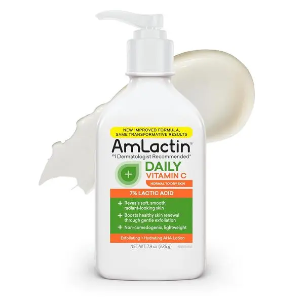 AmLactin Daily Vitamin C Brightening Body Lotion with 7% Lactic Acid (AHA), Exfoliating Moisturizer for Dry, Sensitive Skin, Fragrance-Free, 7.9 oz, Body Care, Amlactin Body Lotion