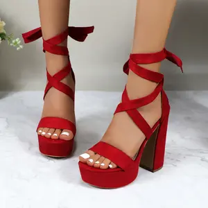 Women's Satin Chunky Heels – Elegant for Weddings and Parties Open-Toe Stilettos with Rounded Toe, Lace-Up Closure, Burgundy Bowknot, Wide-Feet Friendly