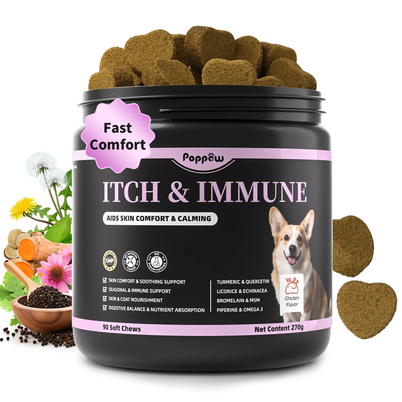 PopPaw Itch Relief for Dogs - Turmeric Supplements for Itching Skin Comfort & Coat Health & Seasonal Allergy Care, Immune Support Supplement with Omega-3 Fish Oil, Biotin- 90 Count