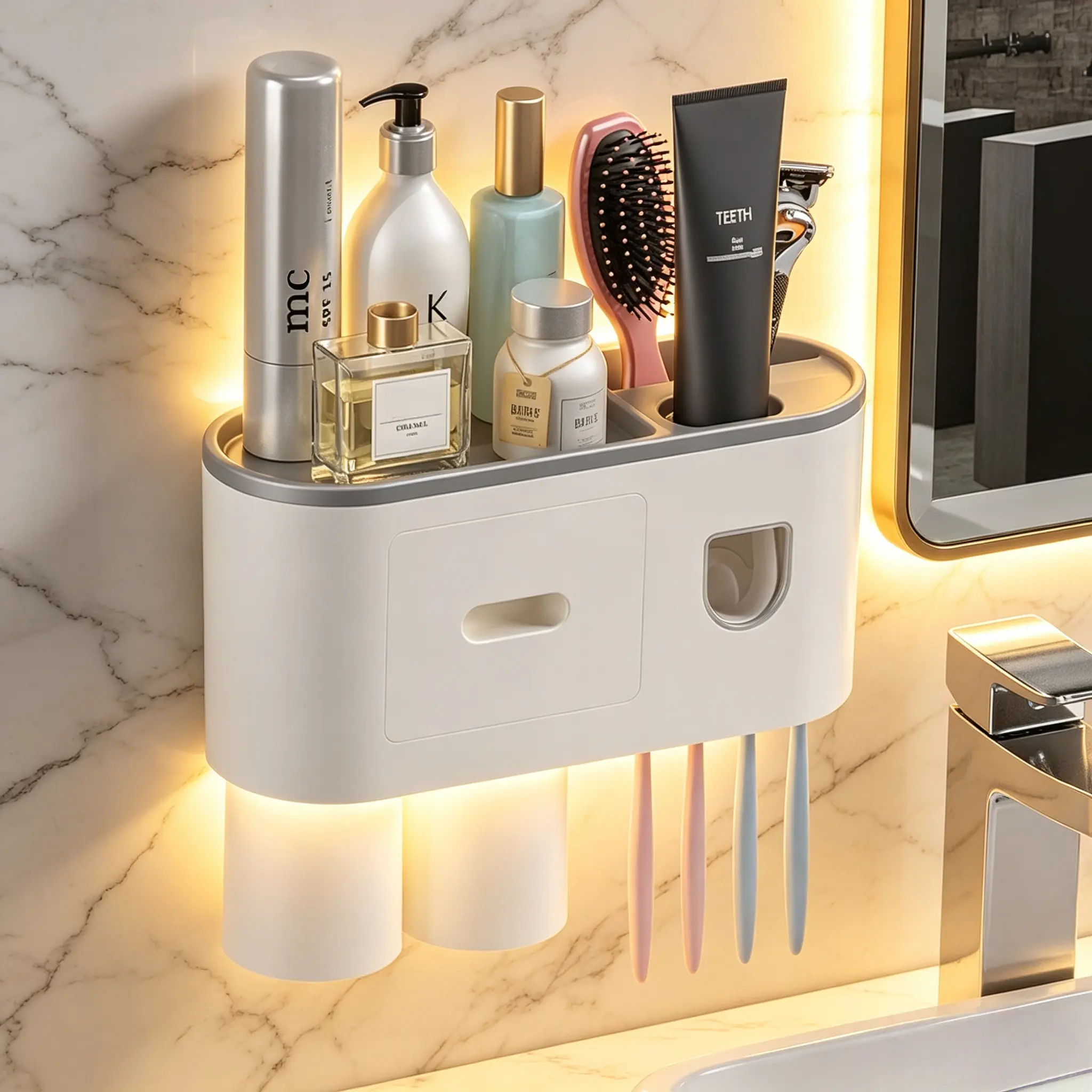 Multifunctional Wall-Mounted Bathroom Shelf Organizer - Sturdy, Durable, Space-Saving, with Automatic Toothpaste Dispenser, 2 Magnetic Cups, Deep Drawer, Plastic Vintage Tooth Brush Holder (0-5 Kg Capacity) Bathroom Accessories