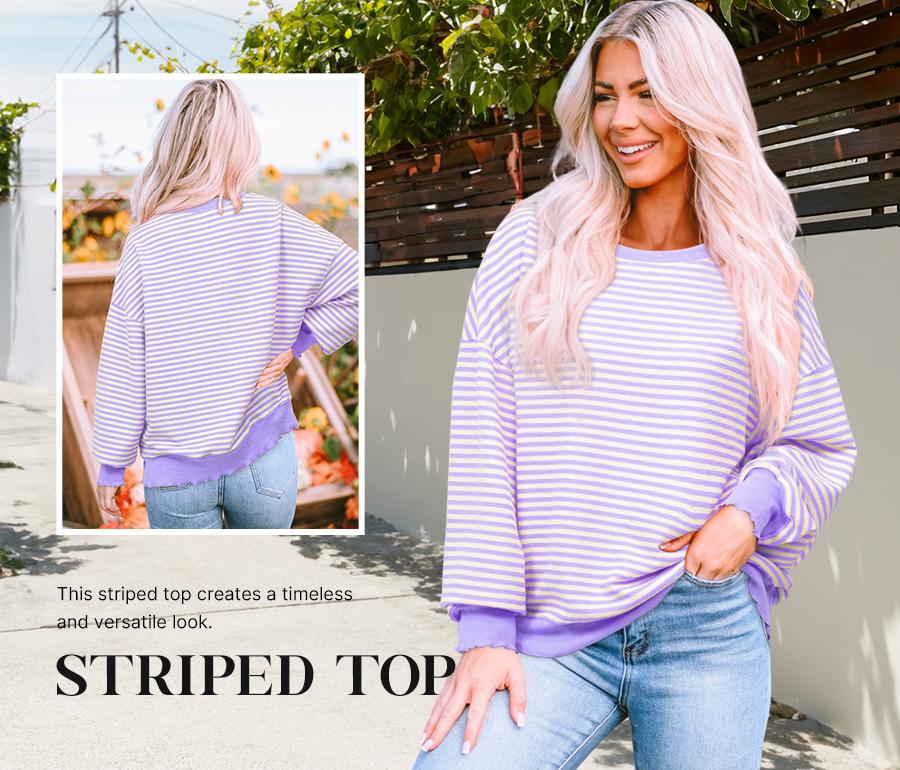 Dear-Lover Stripe Print Crew Neck Drop Shoulder Long Sleeve Loose Casual Top For Women's Dailywear