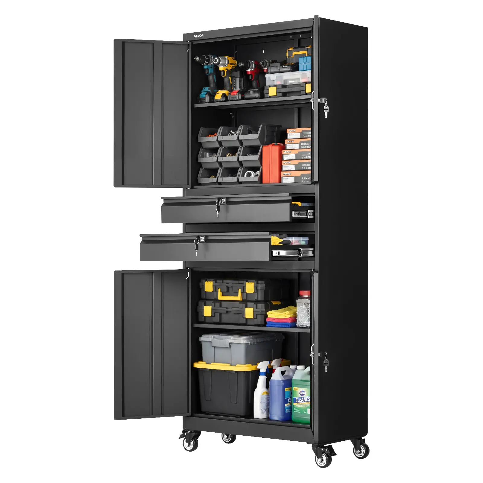 【summerfinds】VEVOR Heavy Duty Carbon Steel Floor-Based Storage Cabinet with Wheels, 75" Tall, 180 lbs Shelf Capacity, 4 Locking Doors, Adjustable Shelves, 2 Drawer Compartments, Father's Day Gift for Garage, Office, Adjustable Shelves Cabinets