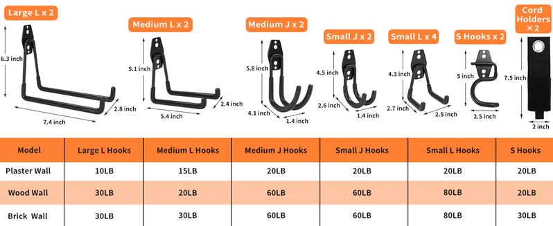 16 Pack Garage Hooks Heavy Duty Organization for Tools Wall Mount Utility Hook Garage Hanger Storage Hooks with 2 Extension Cord Straps Shed Organiser