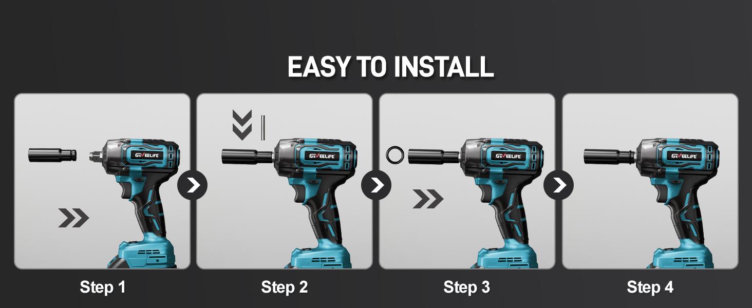 GEVEELIFE 750Nm 3 in 1 Brushless Impact Wrench 1/2" Cordless 3300RPM, 2×4.0Ah Batteries, 6 Sockets Car DIY Furniture Lawn Mower