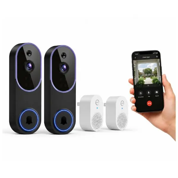 1080p Smart Wi-Fi Doorbell Camera with Doorbell Receiver, AI Motion Detection, Night Vision, Cloud Storage, 2 Way Audio, Battery Powered, 2.4GHz Wi-Fi Only (Pack 2)