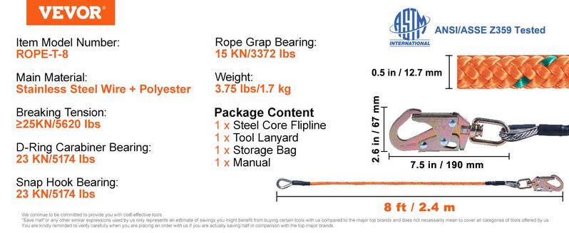 VEVOR Steel Core flipline,  1/2" x 8' Arborist Flipline, Flip Line for Tree Climbing with Alloy Steel Snap Hook, Aluminum Alloy Carabiner and Extra Tool Lanyard, for Arborist, Tree Climbers