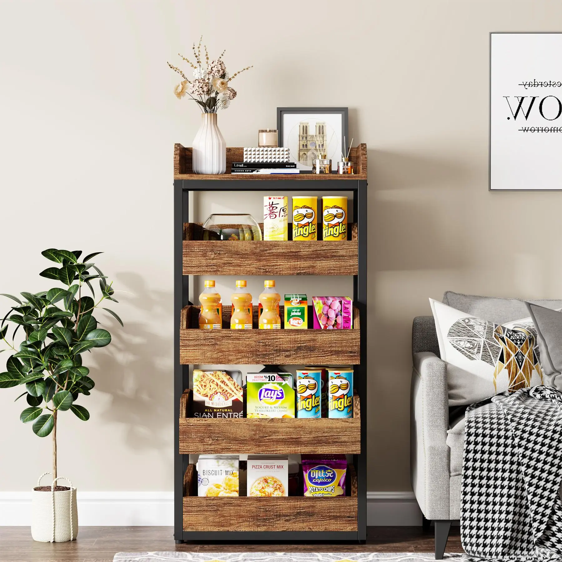 TRIBEWOOD Wood Fruit and Vegetable Storage Rack, 5-Tier Pull-Out Snack Stand Fruit Basket Stand, Utility Shelf Organizer for Kitchen, Living Room, Bedroom
