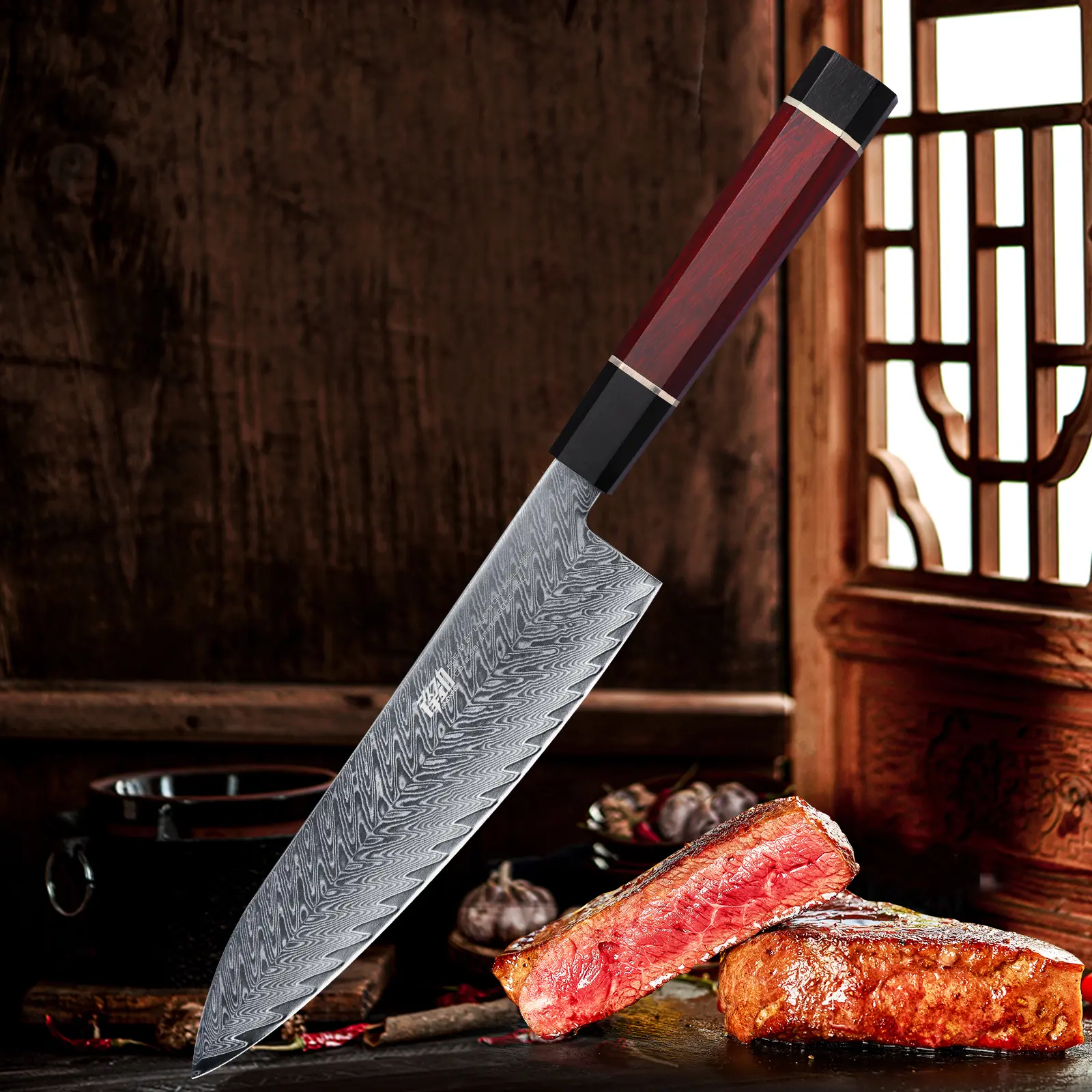 FINDKING 8-Inch Damascus Chef Knife (Red Samurai Series) - AUS-10 Japanese Steel High Carbon Forged Blade, 67-Layer, Ebony Wood Ergonomic Handle, Corrosion Resistant, Durable, Super Sharp, All-Purpose Cooking Tool