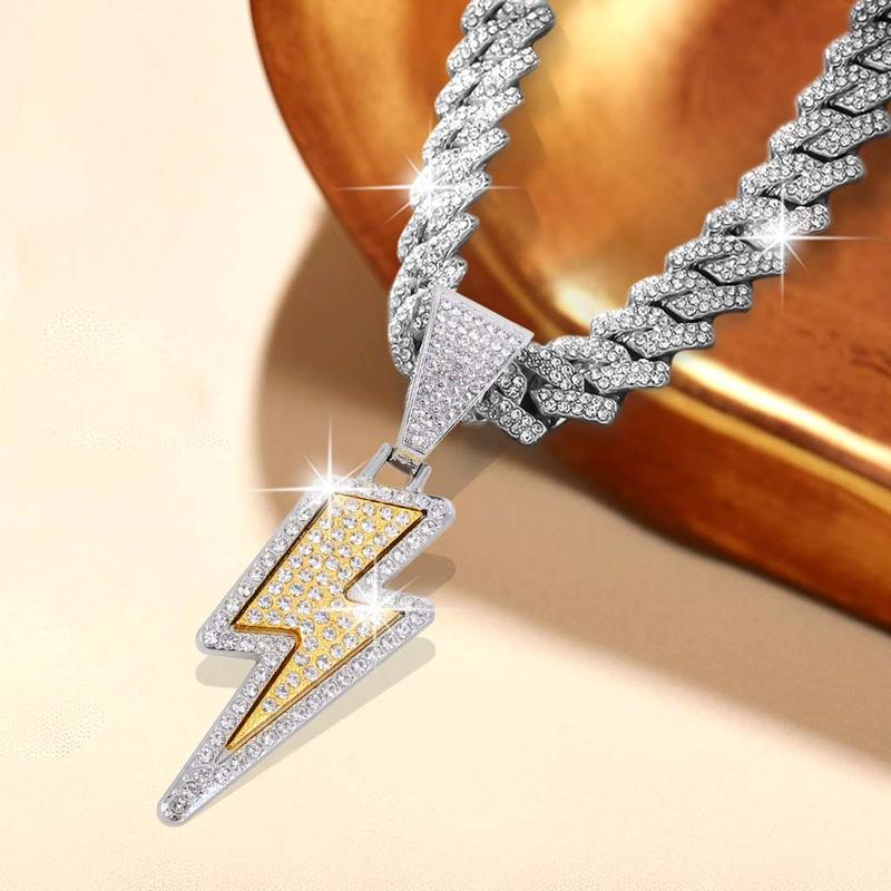 Bling Lightning Bolt Necklace Thick Cuban Link Chain Rapper Hip Hop Costume Jewelry with Sparkly Lightning Charms for Men Women Hip Hop Jewelry