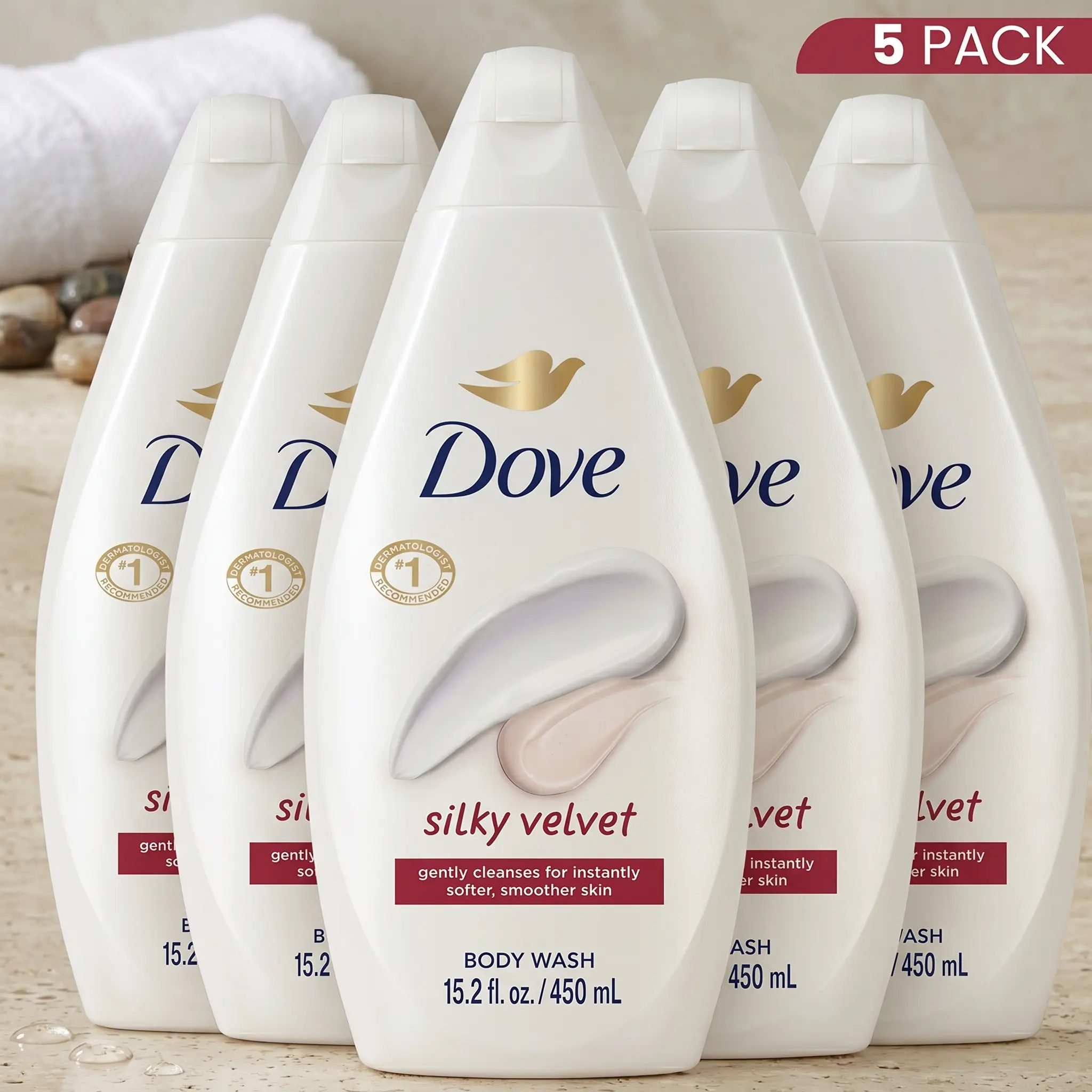 Dove Silky Velvet Body Wash 5-Pack (15.2oz/450ml) - Body Care Hydrating Shower Gel with 1/4 Moisturizer Cream Technology for Soft, Smooth, Refreshed Skin & Enhanced Moisture summerwins, Shower Products, Bath Products, Body Cleanser