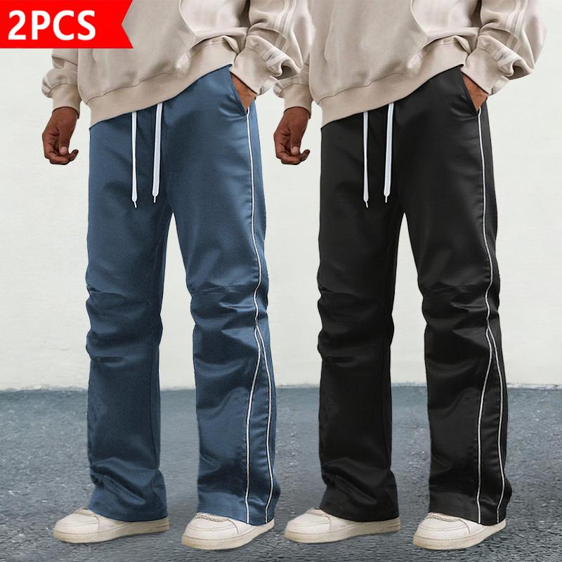 Men's Stacked Track Pants 2-Pack - Streetwear Hip Hop Contrast Piping Wide Leg Pants, Drawstring Waist Casual Baggy Trousers, Lightweight Satin Fabric for Daily Wear, Hip Hop & Street Style. Beige Crewneck