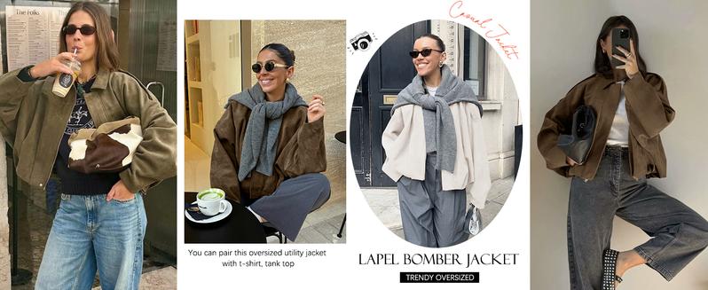 Arssm Women's Oversized Faux Suede Bomber Jacket Vintage Lapel Collar Soft Touch Outerwear for Street Style Fall & Winter Travel Looks Beige Basic Coats