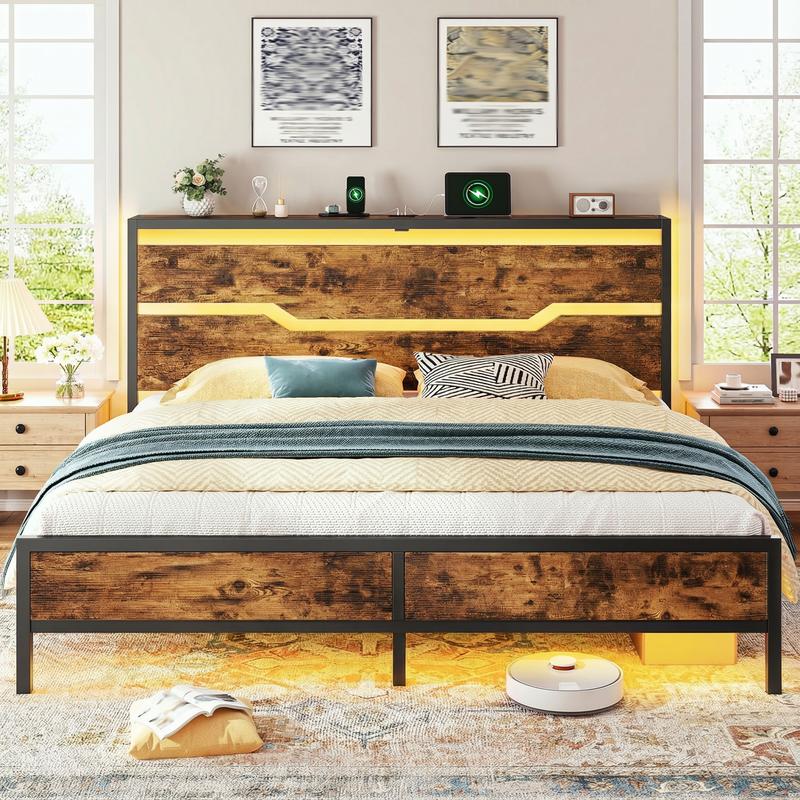 Wood Bed Frame for Queen King Full with Headboard & Storage Shelf, Queen Size Bed Frame with LED Lights & Charging Station, No Mattress, Holds up to 900LBS with Metal Slats & Frame, No Noise Wood Bed Frame for Queen King Full with Headboard & Storage Shelf, Queen Size Bed Frame with LED Lights & Charging Station, No Mattress, Holds up to 900LBS with Metal Slats & Frame, No Noise