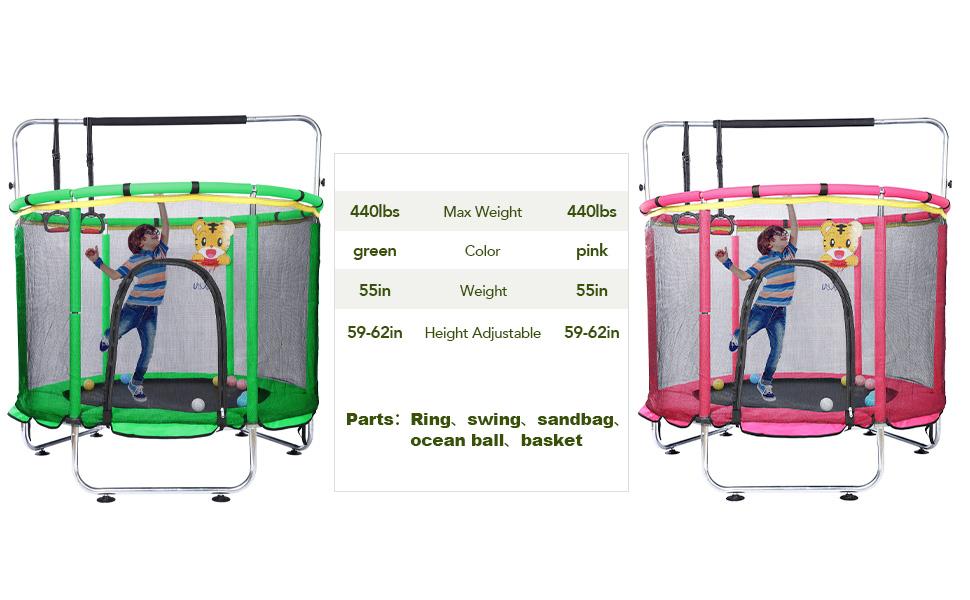 Trampoline for Kids,Trampoline ASTM Approved 55'' Mini Trampoline with Safety Enclosure Net, No-Gap Safe Design, Easy to Assemble 4.6 Ft Outdoor Indoor Trampoline,Swing,Sandbag,Ring,Ocean Balls, Small Trampoline Gift for boys girls