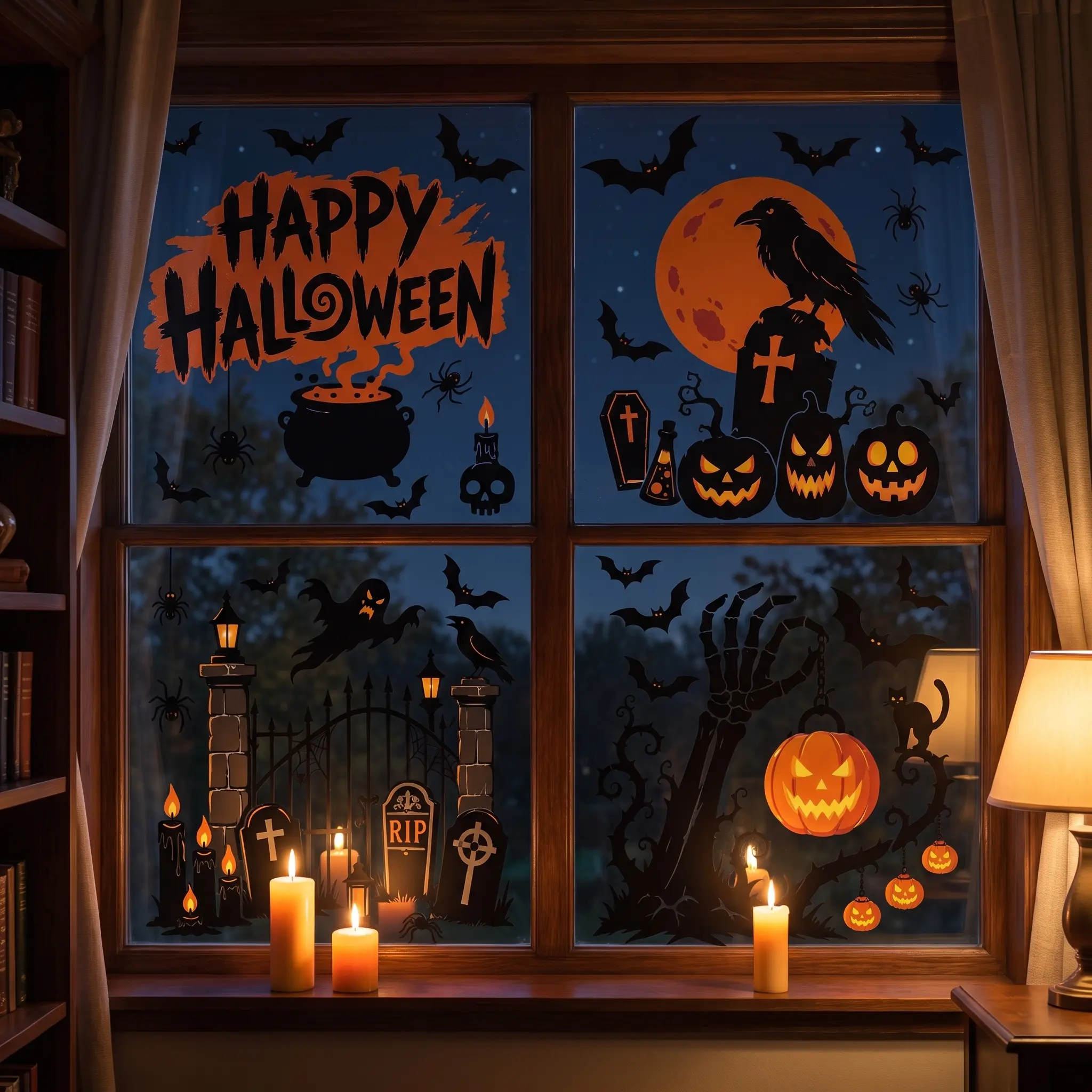 [Back to School]4 Sheets Large Halloween Window Clings, Spooky Pumpkin Silhouette Window Stickers, Halloween Window Decals for Glass, Indoor Outdoor Halloween Decorations, Home Door Wall Party Supplies-MM1