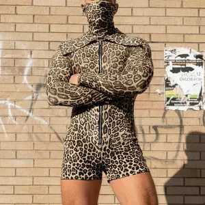 INCERUN Men's Summer Festival Romper Leopard Print Jumpsuit Hooded Mask Bodysuit Front Zipper Shorts Clubwear